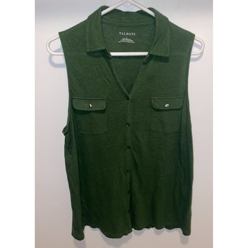 Talbots Sleeveless Button-Front Collared Polo Tank Green Women's L Knit Linen